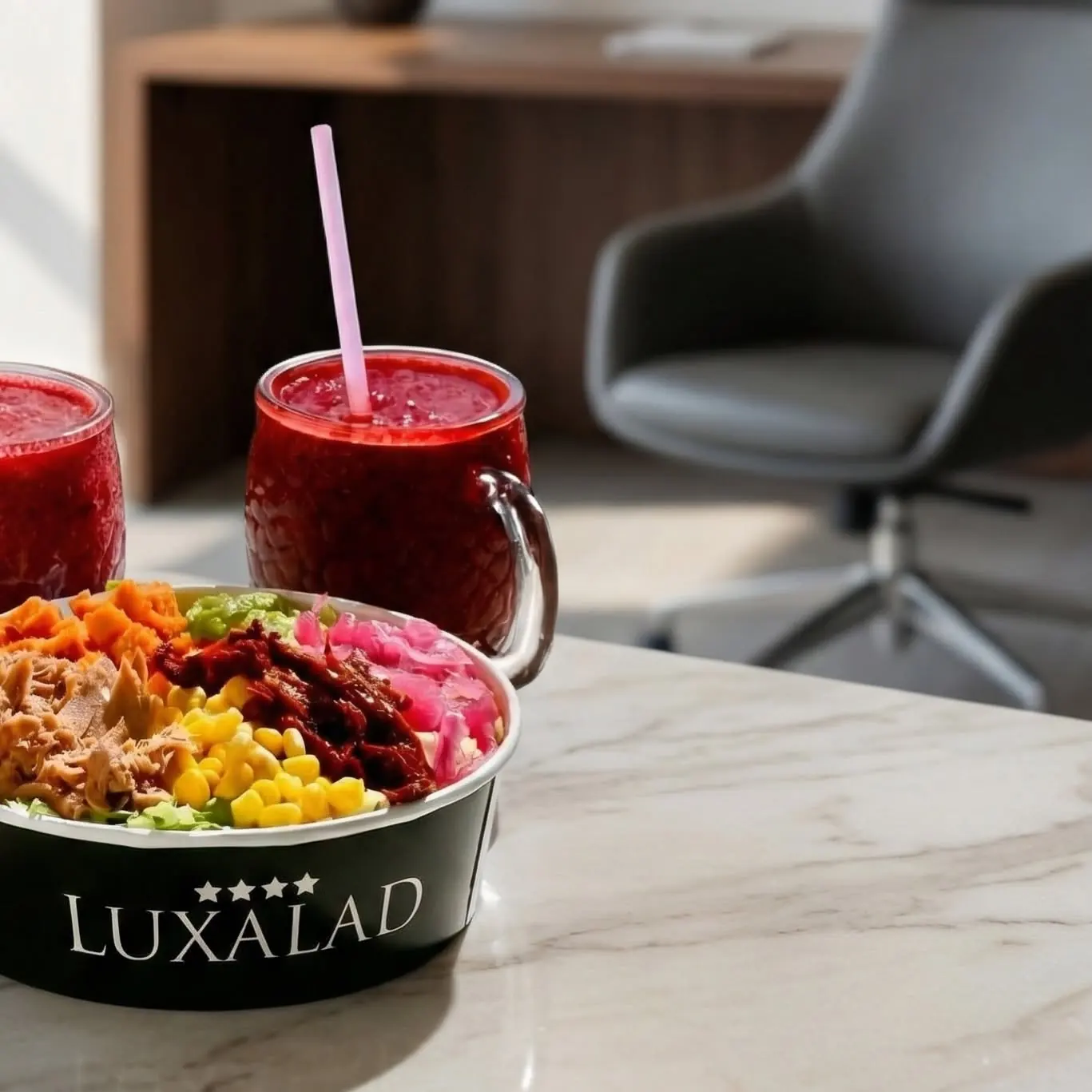 Luxalad bowls and smoothies on an office desk