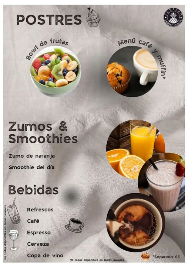 Luxalad Spanish menu, page 4 — Postres y bebidas